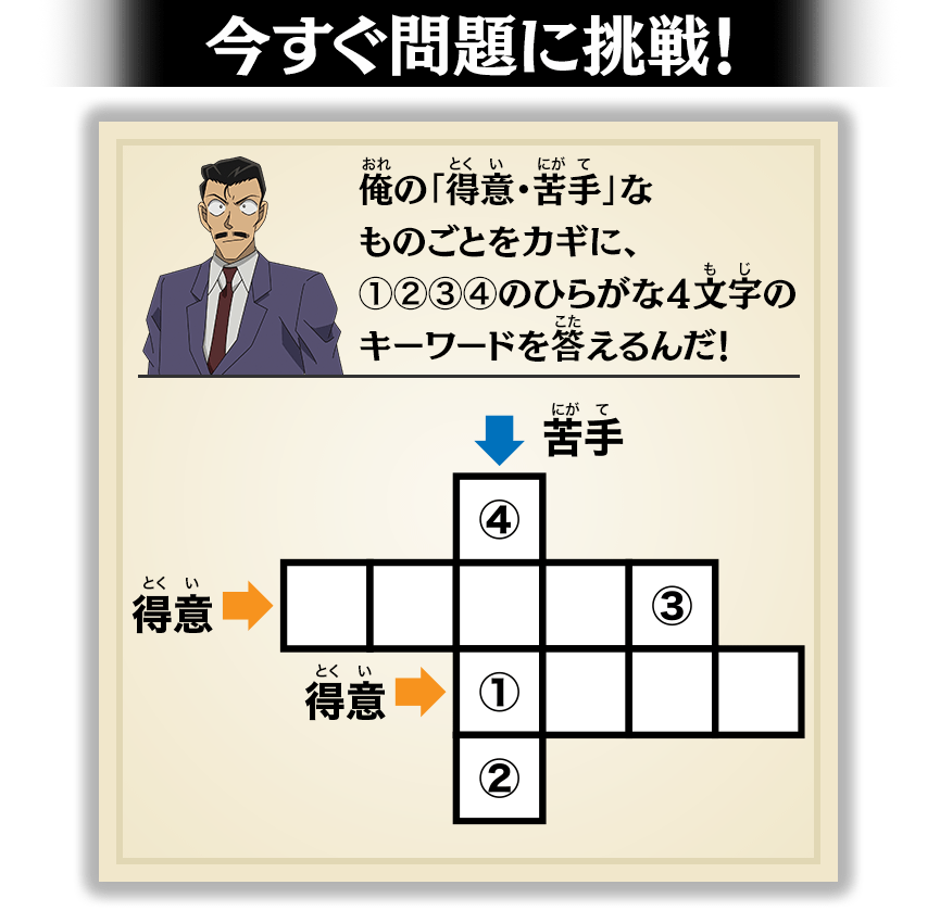 今すぐ問題に挑戦！俺の「得意・苦手」なものごとをカギに、①②③④のひらがな４文字のキーワードを答えるんだ！